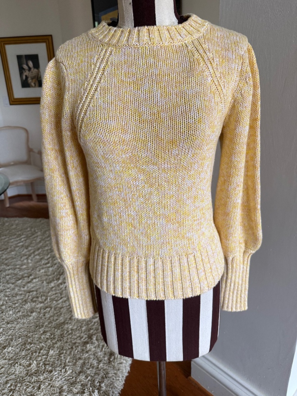 Elie Tahari 100% Cotton Marled Sweater Yellow/White Puff Sleeves Size XS NWT
